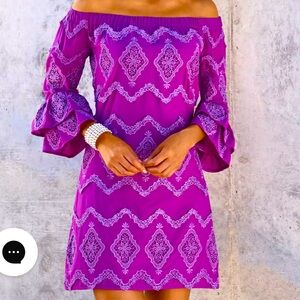 Boston Proper | off-the-shoulder dress metallic lace detailing- bell sleeves